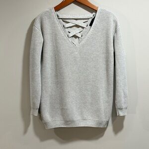 Fate by LFD Women's V-Neck Sweater with Tie Lace Up Back in Light Gray Size M